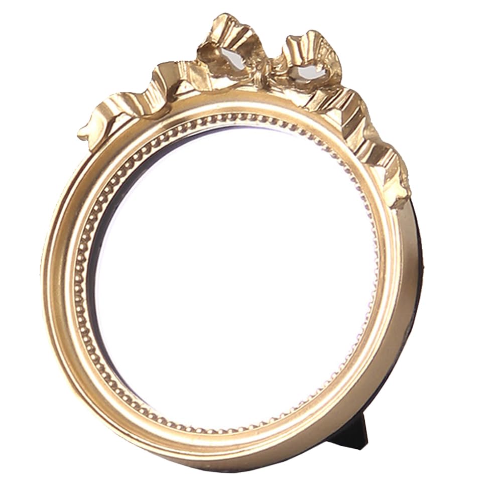 Round Portable Makeup Mirror with Bowknot Design Elegant Resin Small Mirror