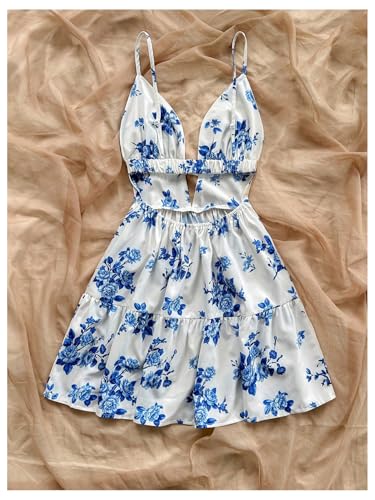 Women's Sleeveless Butterfly Print Cut Out V Neck Tiered Mini Cami Dresses