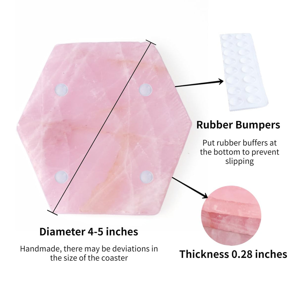 Pink Crystal Coaster Set of 4 Rose Quartz Slices Cup Mat with Rubber Bumper