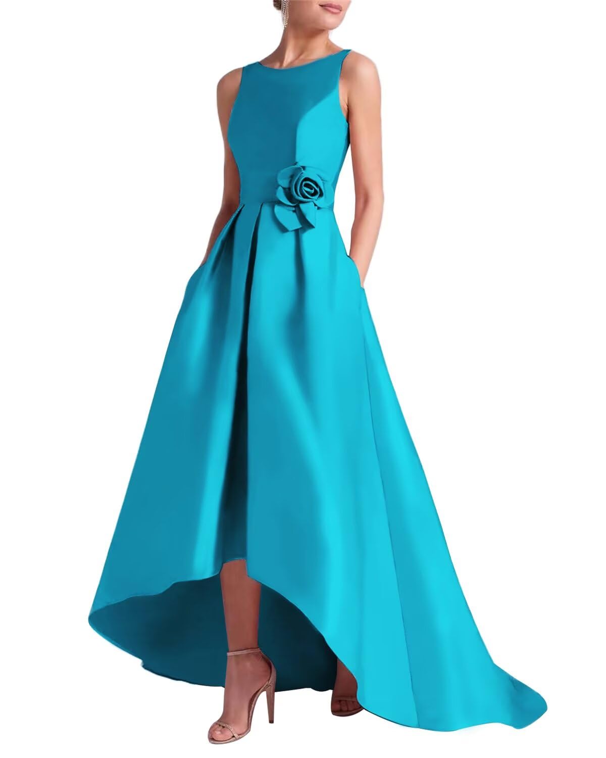 Women's 3D Flower Satin Mother of The Bride Dresses Hi-Low Formal Evening Party Gown
