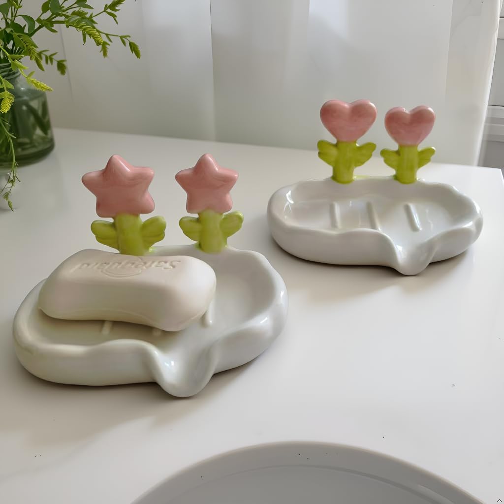 Girly Ceramic Soap Dish - Cute Bathroom Soap Dsih, Adorable Floral Soap Holder for Bathroom Sink Counter, Non-Slip Base