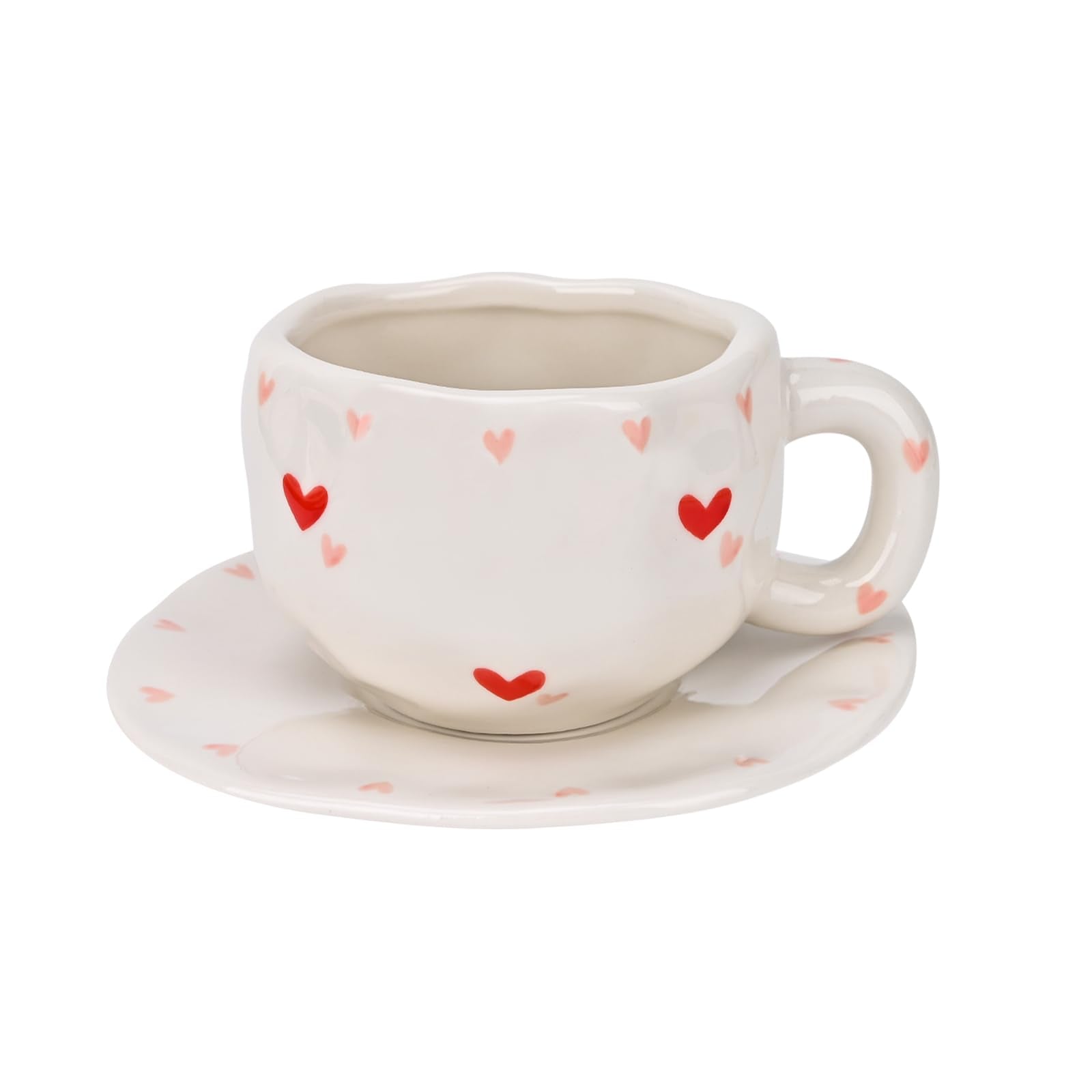 Ceramic Coffee Mug with Saucer Set, Cute Creative Cup Unique Irregular Design, 10 oz/300 ml