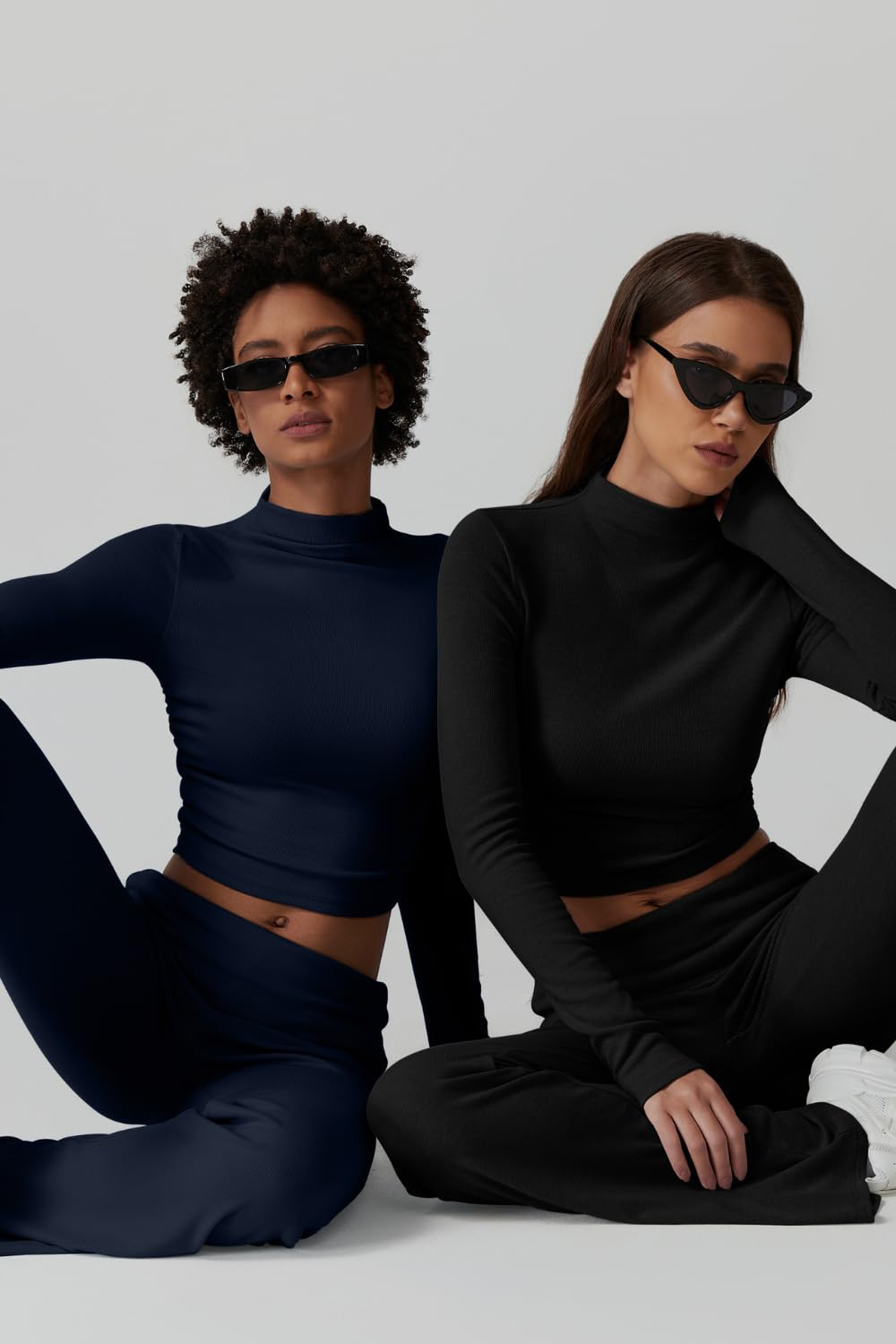 Womens 2 Piece Lounge Sets Mock Neck Long Sleeve Tops with Side Ruched Fold Over Flare Pants Comfy Tracksuits