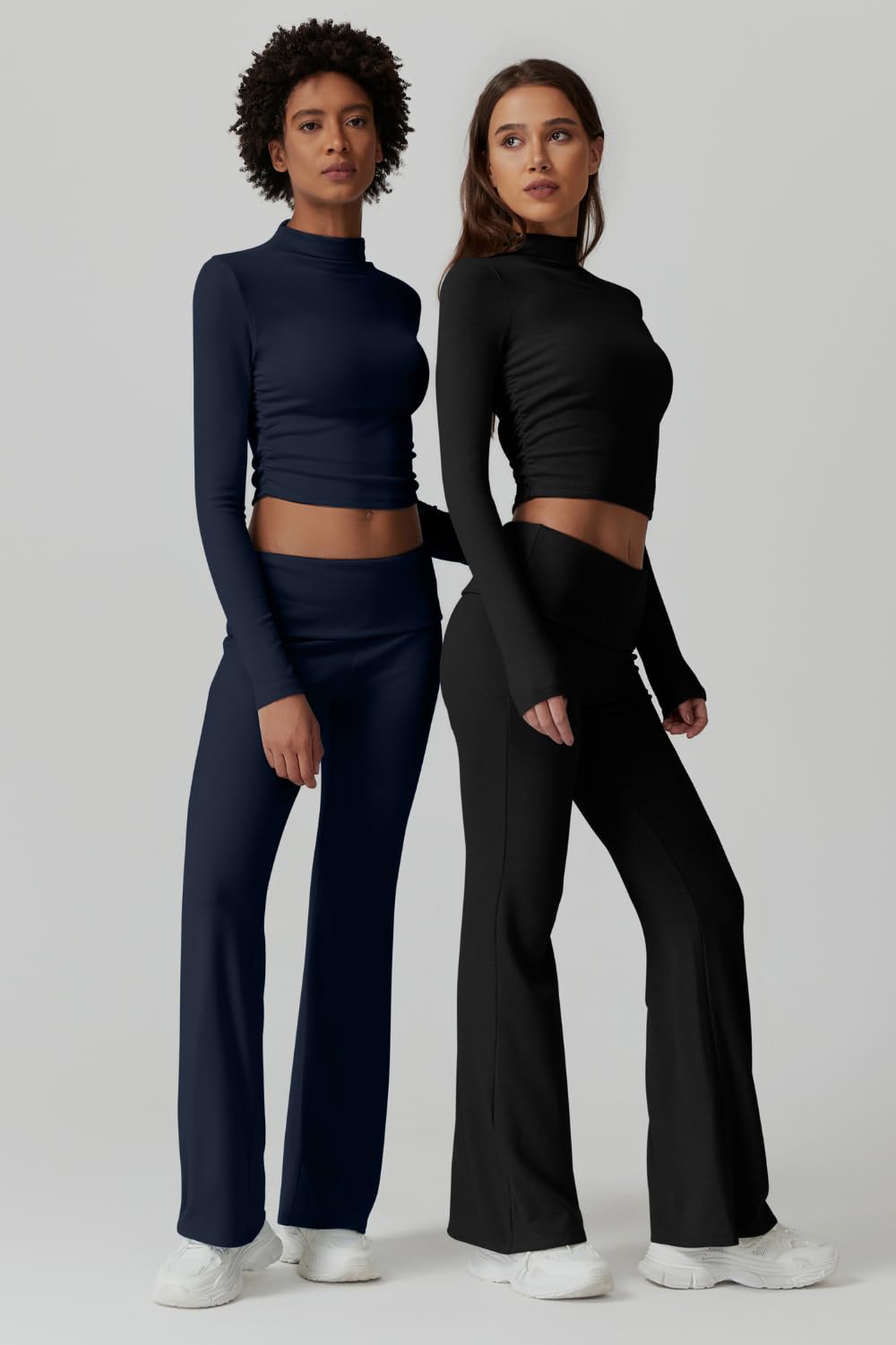 Womens 2 Piece Lounge Sets Mock Neck Long Sleeve Tops with Side Ruched Fold Over Flare Pants Comfy Tracksuits