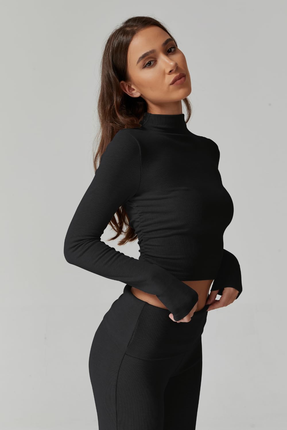 Womens 2 Piece Lounge Sets Mock Neck Long Sleeve Tops with Side Ruched Fold Over Flare Pants Comfy Tracksuits