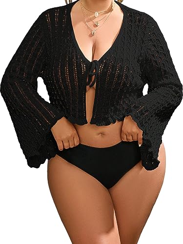 Women's Plus Size V Neck Long Flounce Sleeve Tie Front Knit Crop Cardigan