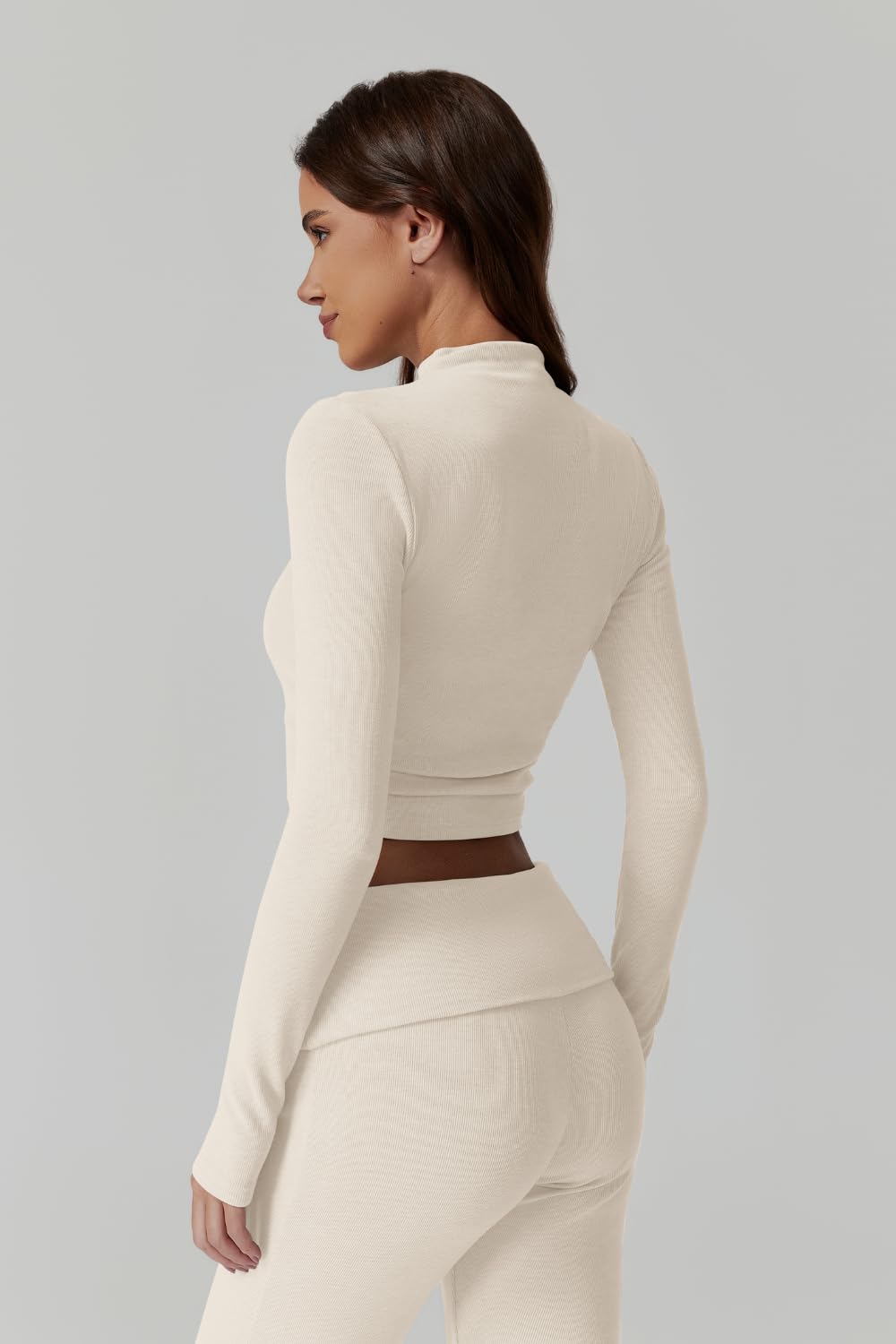 Womens 2 Piece Lounge Sets Mock Neck Long Sleeve Tops with Side Ruched Fold Over Flare Pants Comfy Tracksuits