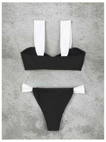 Women's Sexy 2 Piece Swimsuit Color Block Wide Strap Ruched Bikini Top and Thong Bikini Set