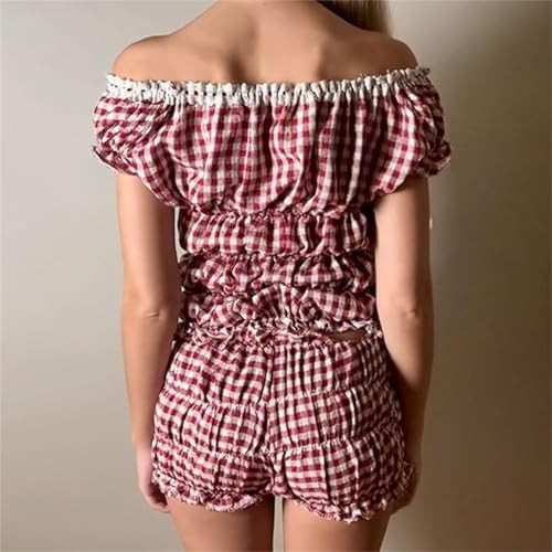 Women's Sexy Ruffle 2 Piece Sets Short Sleeve Bow Tie Front Crop Tops and Smocked Ruched Shorts Loungewear