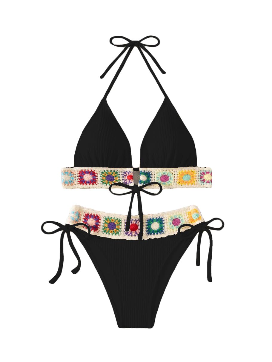 Women's Floral Embroidery Halter Padded Bikini Set Cut Out Boho Bathing Suit Swimsuit
