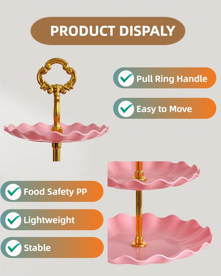 Pack 2 of 3 Tier Cupcake Stand, Small Pink Plastic Tiered Serving Stand, Dessert Tray