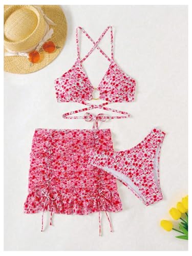 Women's 3 Piece Swimsuits Floral Criss Cross Halter Thong Bikini Sets Bathing Suit with Cover Up Ruffle Skirts