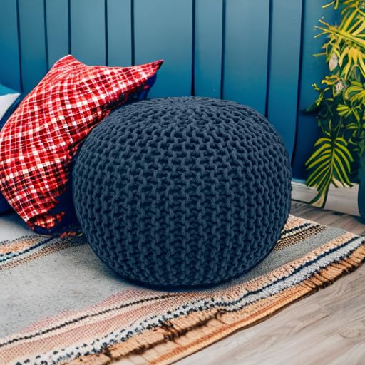 Hand-Knitted Cotton Round Pouf â€?Braid Cord Ottoman, Footrest, and Accent Seat for Living Room, Nursery, Kids Room, or Dorm Décor â€?20x14