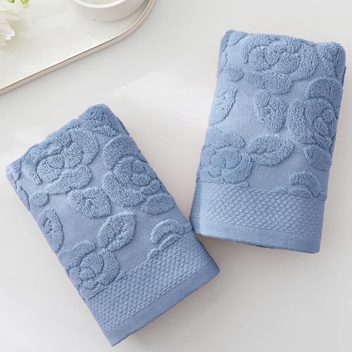 Rose Hand Towel Set of 2 Super Soft 100% Cotton Embossed Floral Pattern Highly Absorbent Decorative Bath Hand Towels for Bathroom 13x 29 Inch