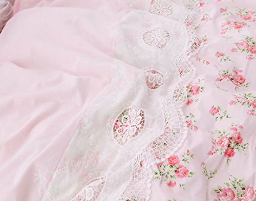 Romantic Roses Print Duvet Cover Set with Bed Skirt Pink Lace Ruffle Floral Shabby Chic Bedding Sets 4 Piece
