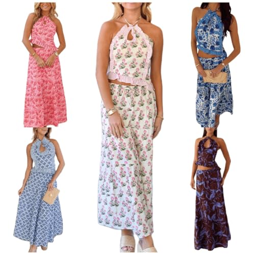 Womens 2 Piece Maxi Skirt Set Y2k Halter Ruched Cami Top Tiered Flowy Ruffle Skirt Outfit