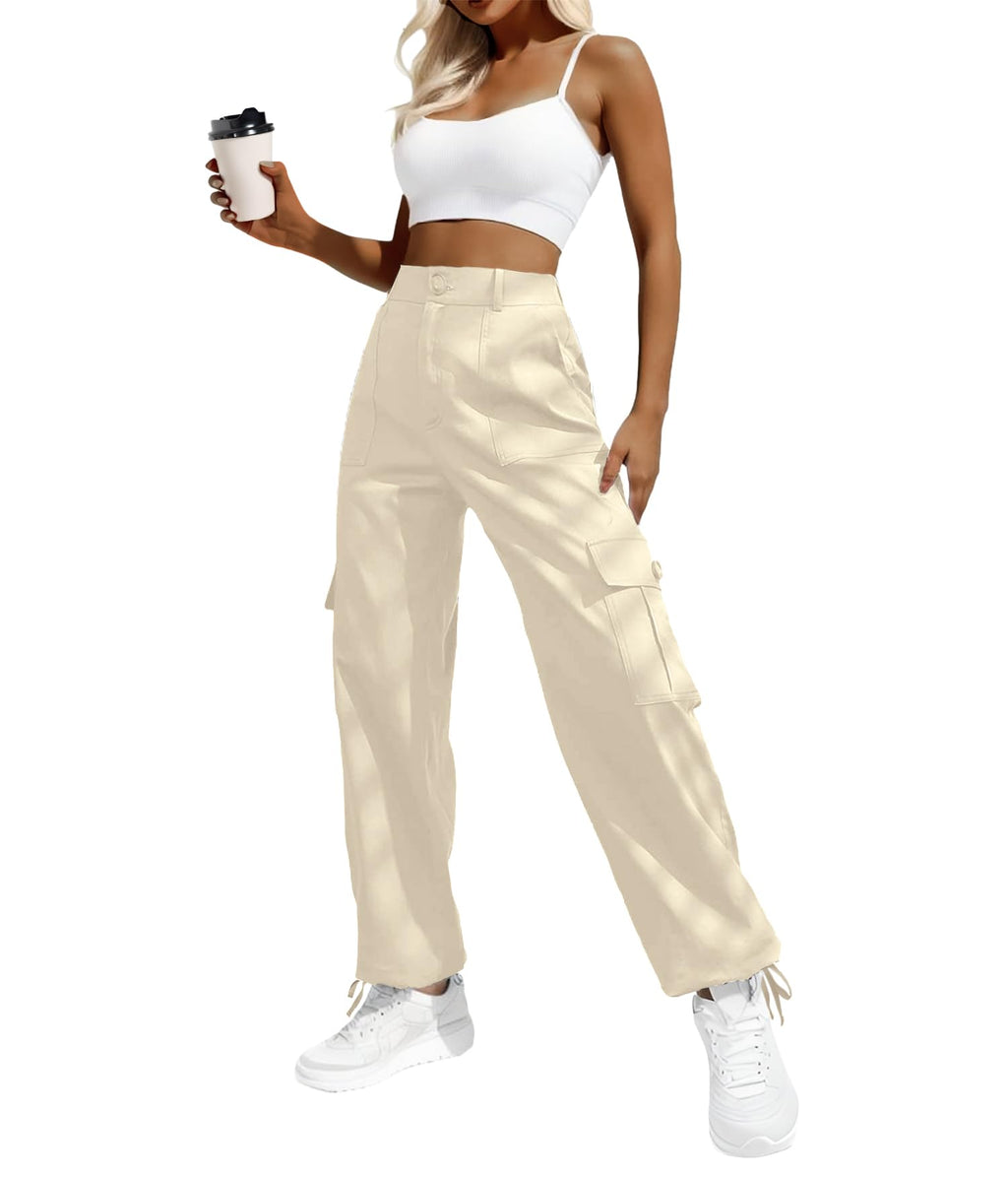Women's High-Waisted Cargo Pants â€?Y2K Streetwear Baggy with 6 Pockets & Drawstring Cuffs