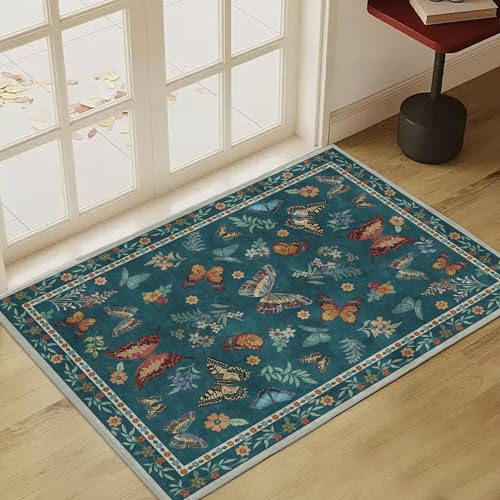 Insect Floral Area Rug, Machine Washable Area Rug Non-Slip Low Pile Large Bedroom Rug Stain Resistant Throw Rug Carpet