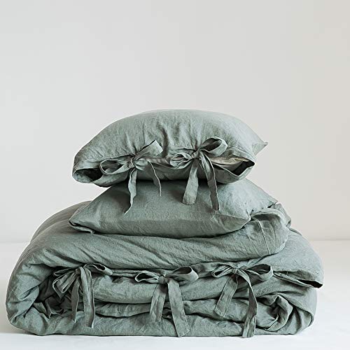 The 100% Linen Duvet Cover Set, 3 Pieces Belgian Flax Breathable Bedding,(1 Comforter Cover+2 Pillowshams) with Tie Closure Style