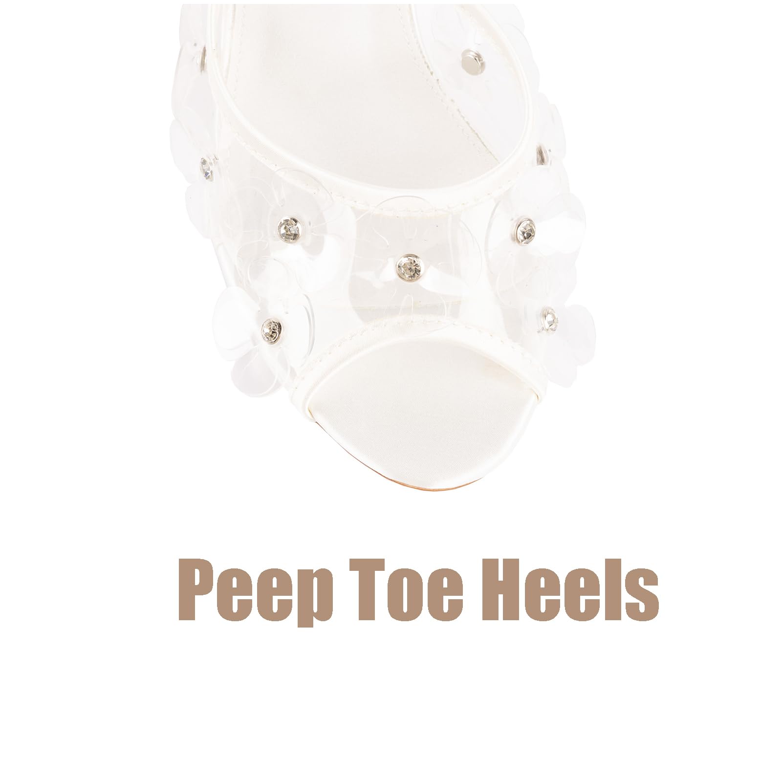 Womens Clear Round Toe Heels Stiletto Sandals Pink Strap High Heeled Mules Cute Crystal Flower Slip on Slippers