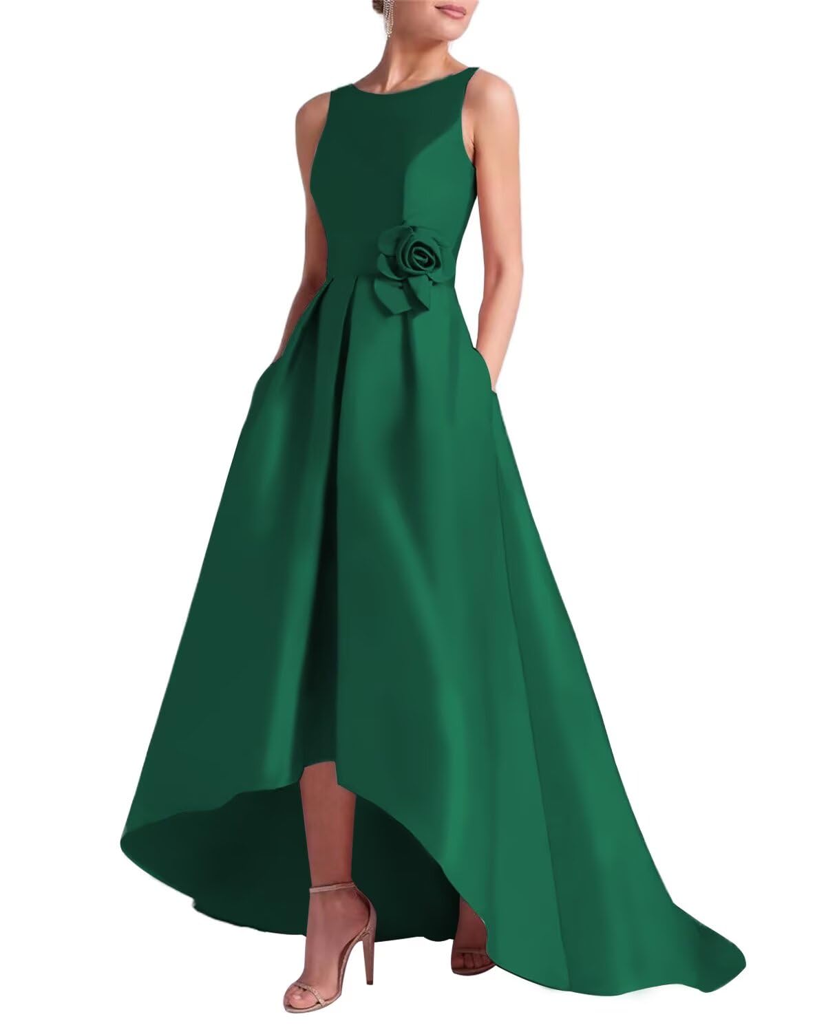 Women's 3D Flower Satin Mother of The Bride Dresses Hi-Low Formal Evening Party Gown