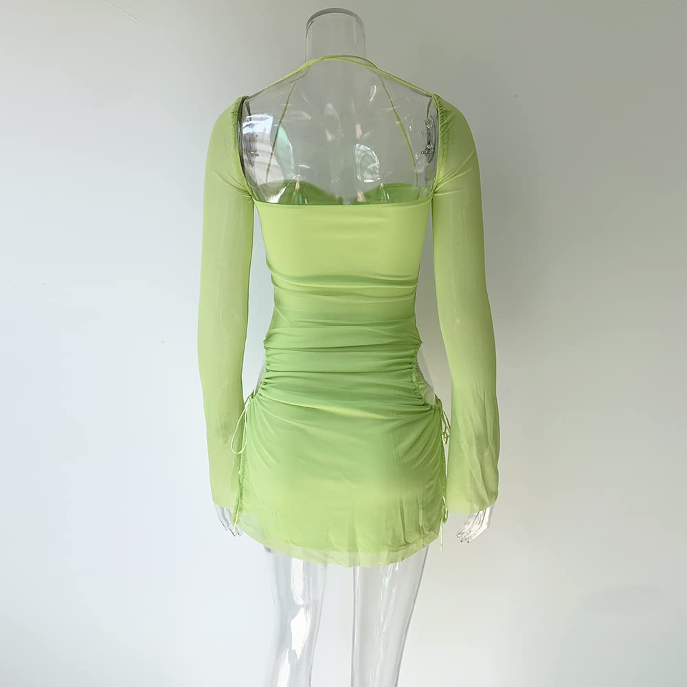 Women Long Puff Sleeve Mini Bodycon Split Hem Mesh Dress Party Dress