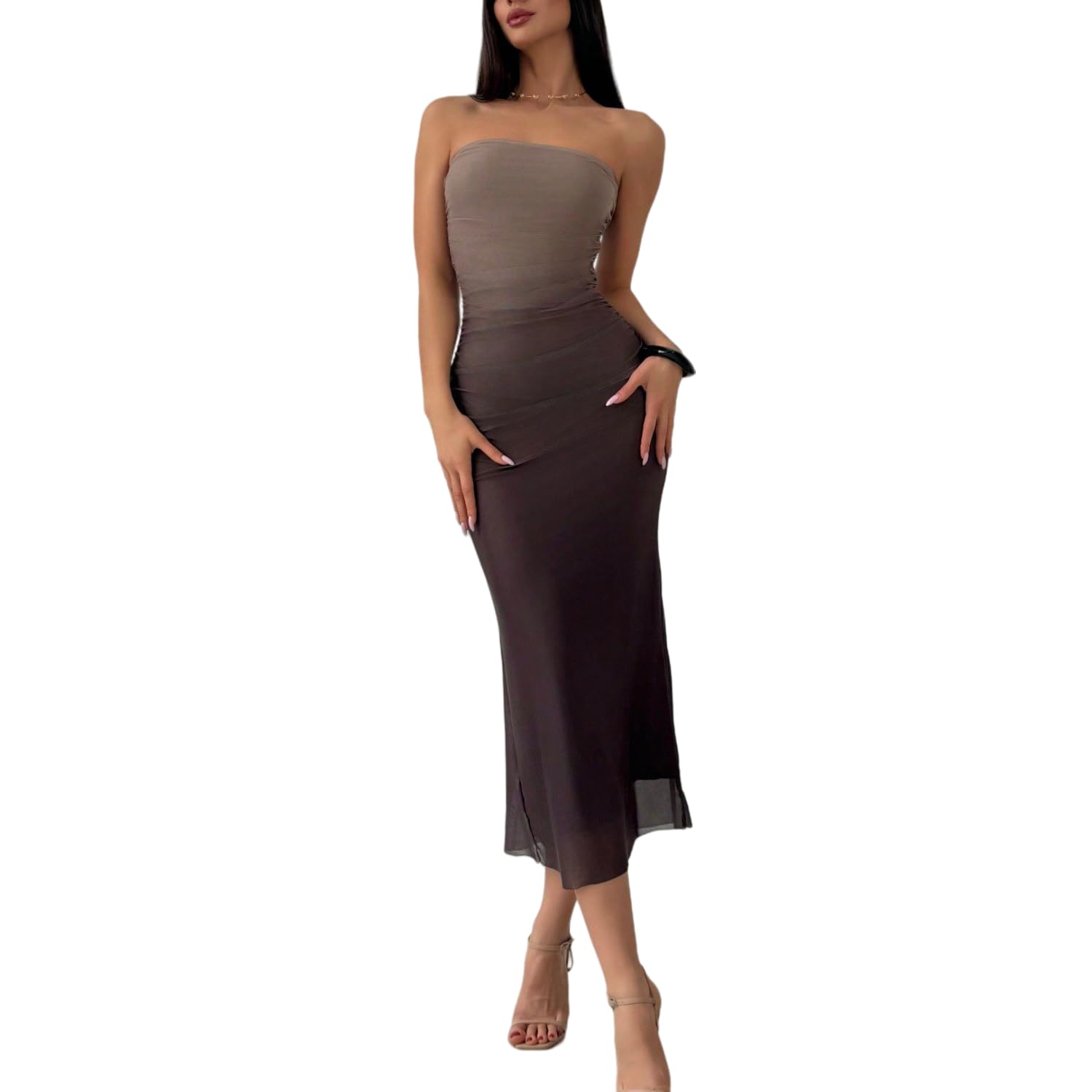 Women's Summer Gradient Strapless Tube Dress Bodycon Long Dress Side Slit Mesh Layered