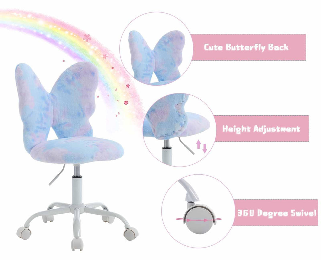Kids Desk Chair Butterfly Faux Fur Study Chair Adjustable Vanity Chair, Small Cute Student Task Chair with White Foot