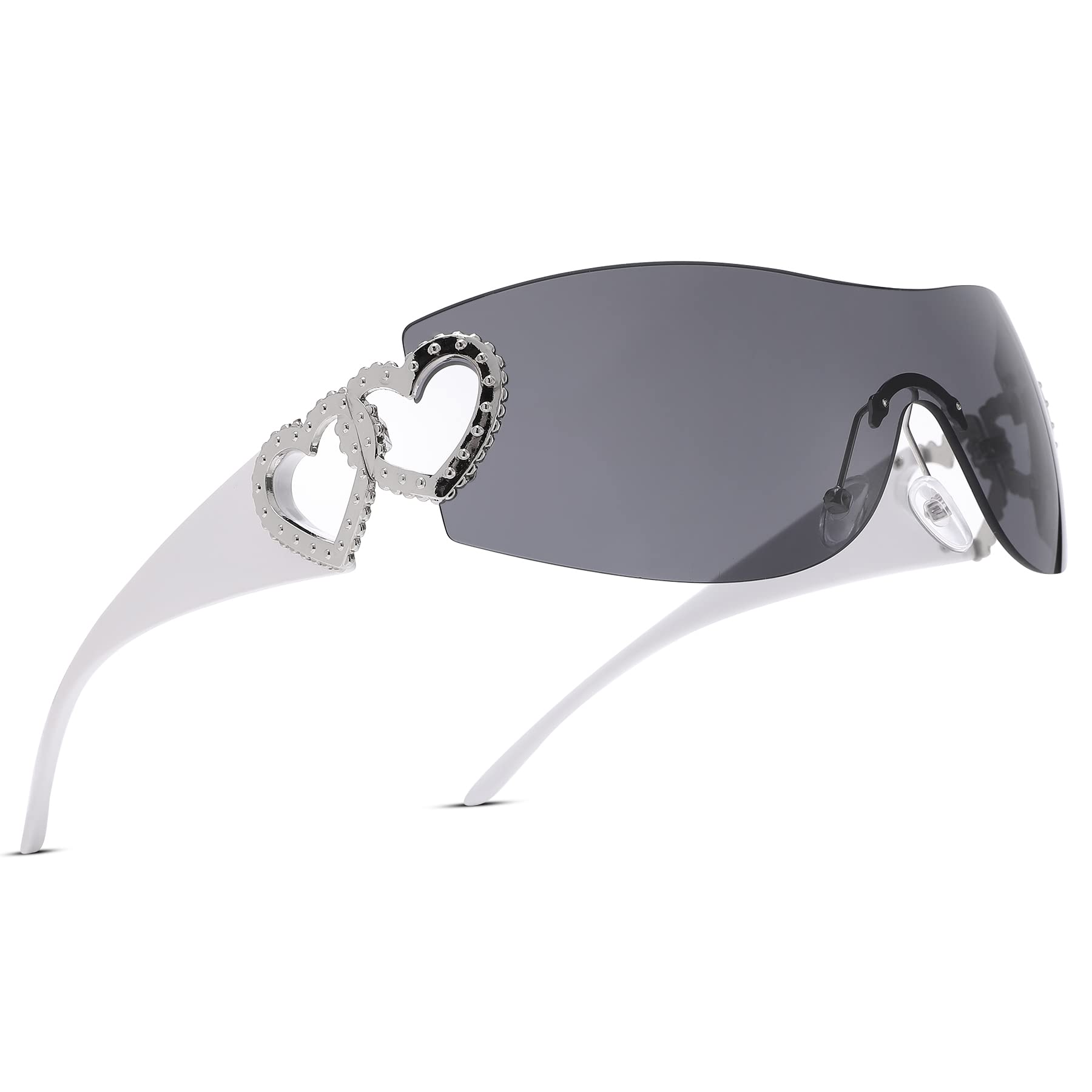 Wrap Around Heart Rhinestones Rimless Sunglasses Women Men, Oversized Fashion Futuristic Sun Glasses Cool Shade 2000S Trendy