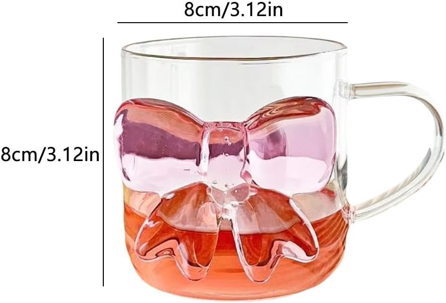 Glass Coffee Mug with Pink Bow Design with Handle, Elegant and Durable 13.5 oz Glassware for Hot and Cold Beverage