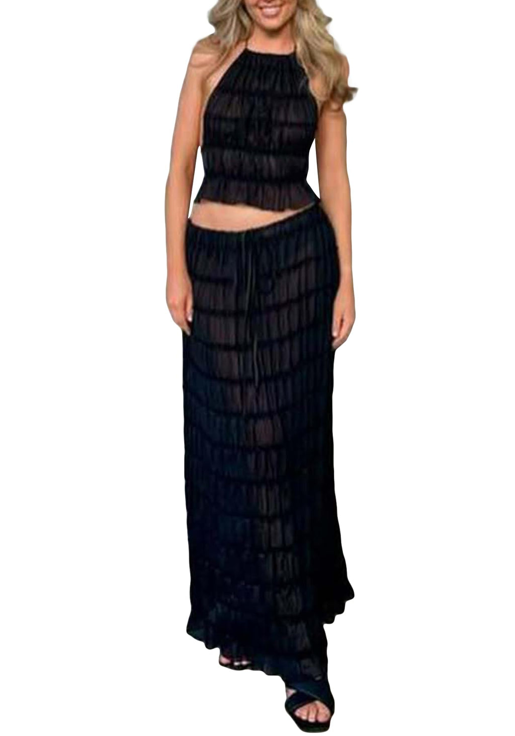 Skirt Sets Women 2 Piece Outfits Backless Halter Top And Pleated Ruffle Flowy Maxi Skirts Y2k Beach Vacation Set
