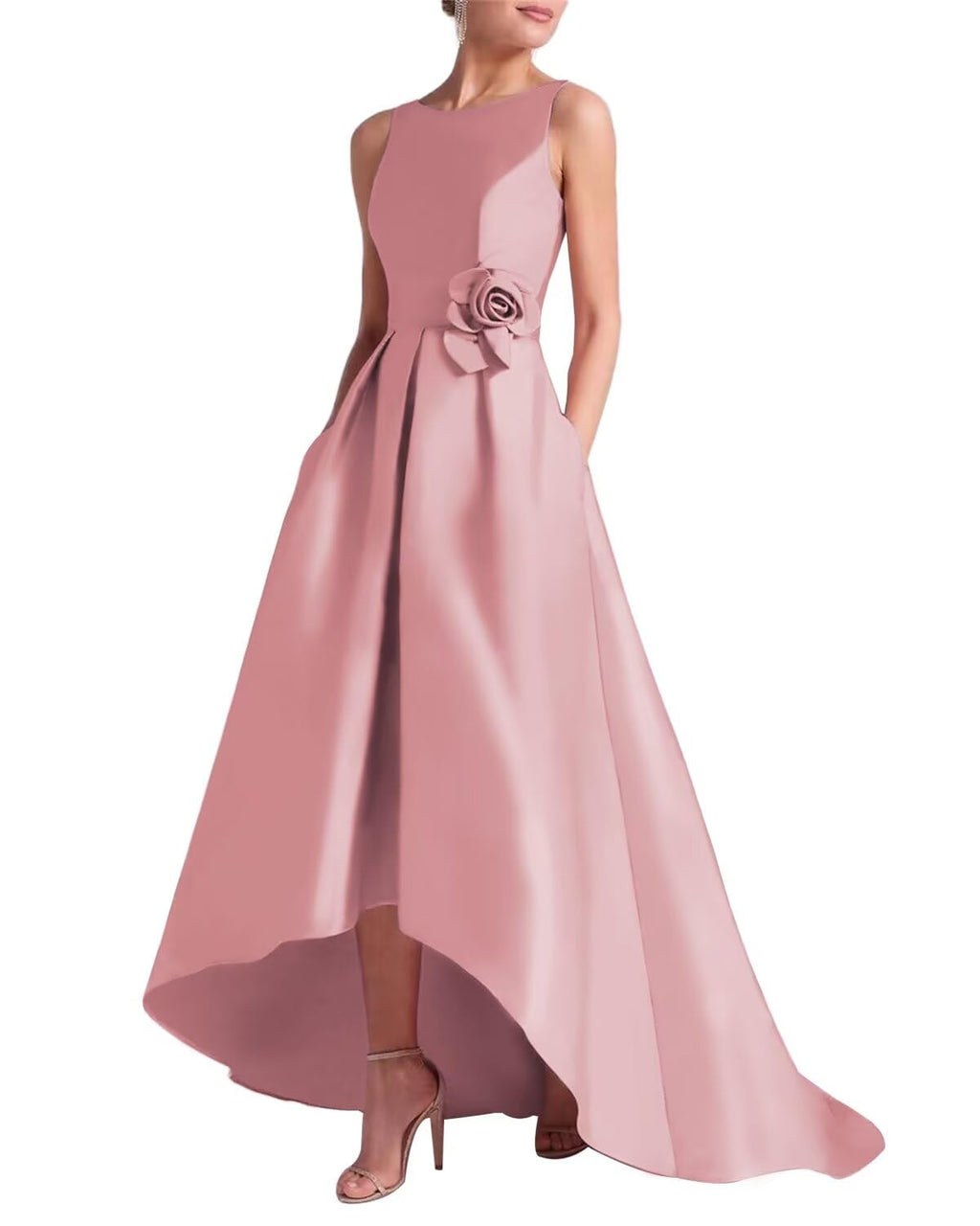Women's 3D Flower Satin Mother of The Bride Dresses Hi-Low Formal Evening Party Gown