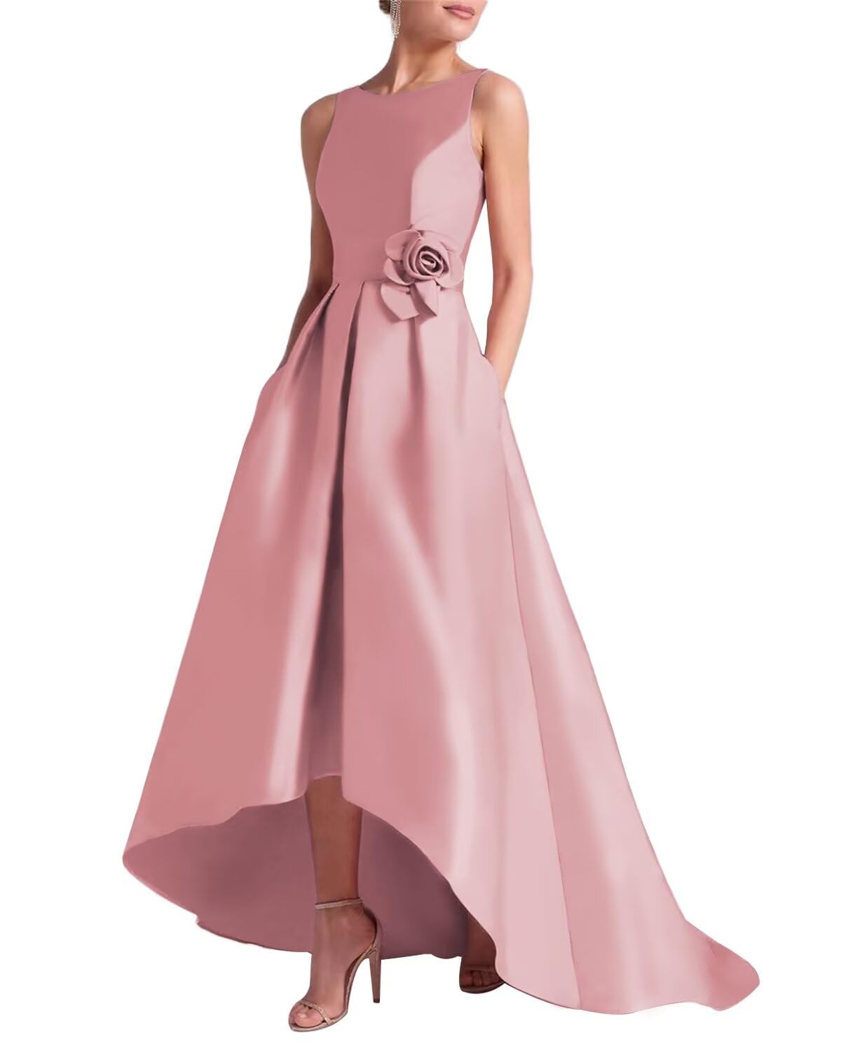 Women's 3D Flower Satin Mother of The Bride Dresses Hi-Low Formal Evening Party Gown