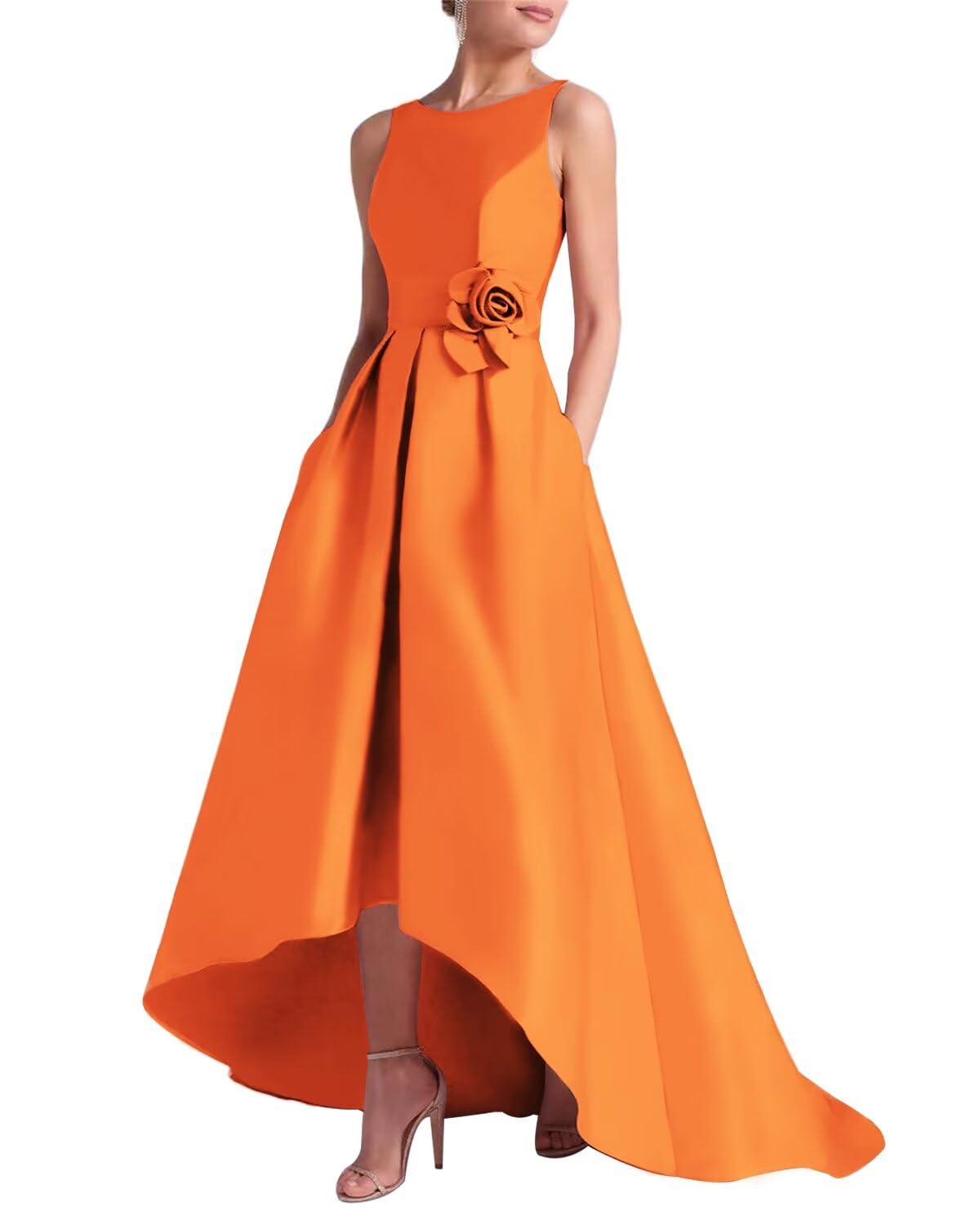 Women's 3D Flower Satin Mother of The Bride Dresses Hi-Low Formal Evening Party Gown