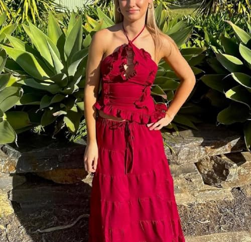 Womens 2 Piece Maxi Skirt Set Y2k Halter Ruched Cami Top Tiered Flowy Ruffle Skirt Outfit