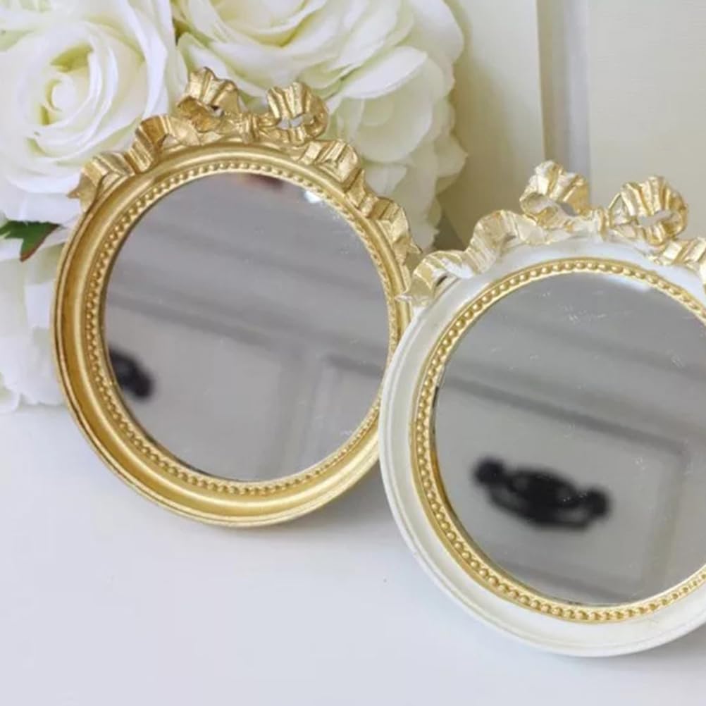 Round Portable Makeup Mirror with Bowknot Design Elegant Resin Small Mirror