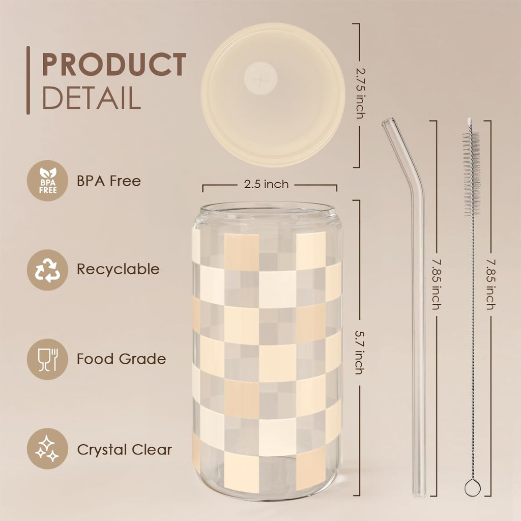 Glass Cup with Lid & Straw, Iced Coffee Aesthetic Glass Can, 16oz