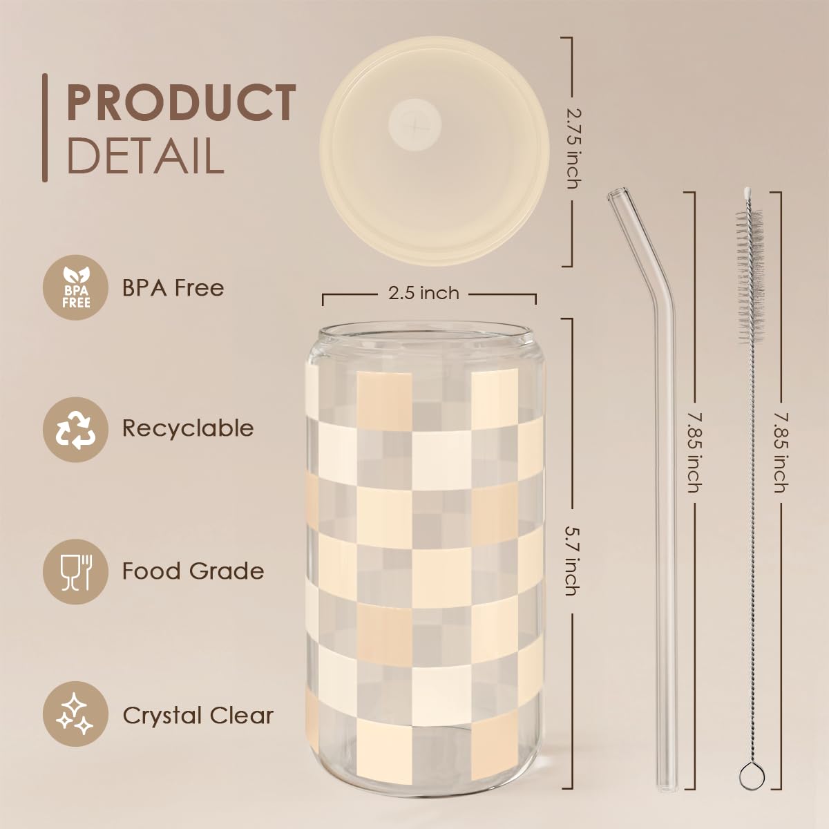 Glass Cup with Lid & Straw, Iced Coffee Aesthetic Glass Can, 16oz