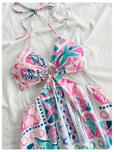 Women's Floral Halter Neck Vacation Dress Sleeveless Cut Out Boho Cami Dress