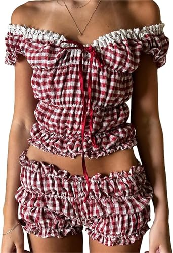 Women's Sexy Ruffle 2 Piece Sets Short Sleeve Bow Tie Front Crop Tops and Smocked Ruched Shorts Loungewear
