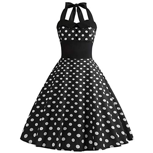 Vintage Women 1950s Rockabilly Swing Dress Pinup 50s Retro Hepburn Style Halterneck A-Line Dresses