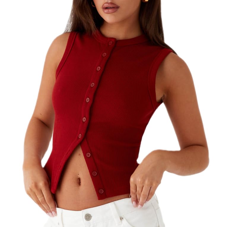 Womens Button up Tops Ribbed Knit Y2k Open Front Crewneck Fitted