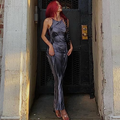 Women's Sexy Spaghetti Strap 3D Print Bodycon Maxi Dress Slim Fit Backless Summer Long Dresses