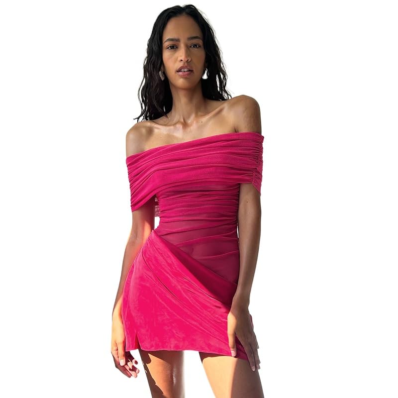 Women Off Shoulder Bodycon Maxi Dress Layered Mesh Ruched Hollow Out Dresses