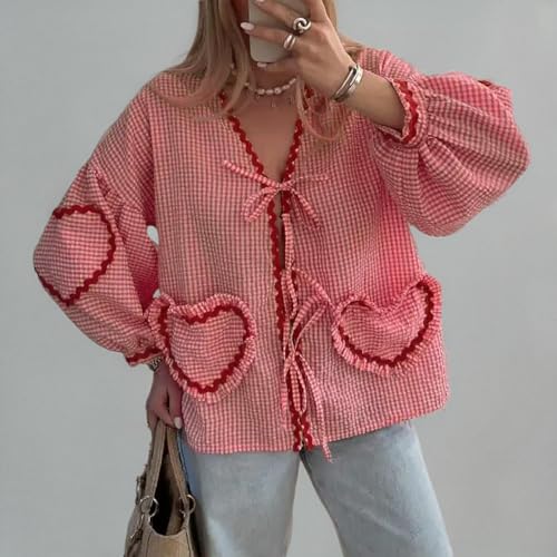 Tie Front Tops for Women Gingham Babydoll Bow Top Puff Sleeve Coquette Tops Heart Long Sleeve Cute Spring Tops
