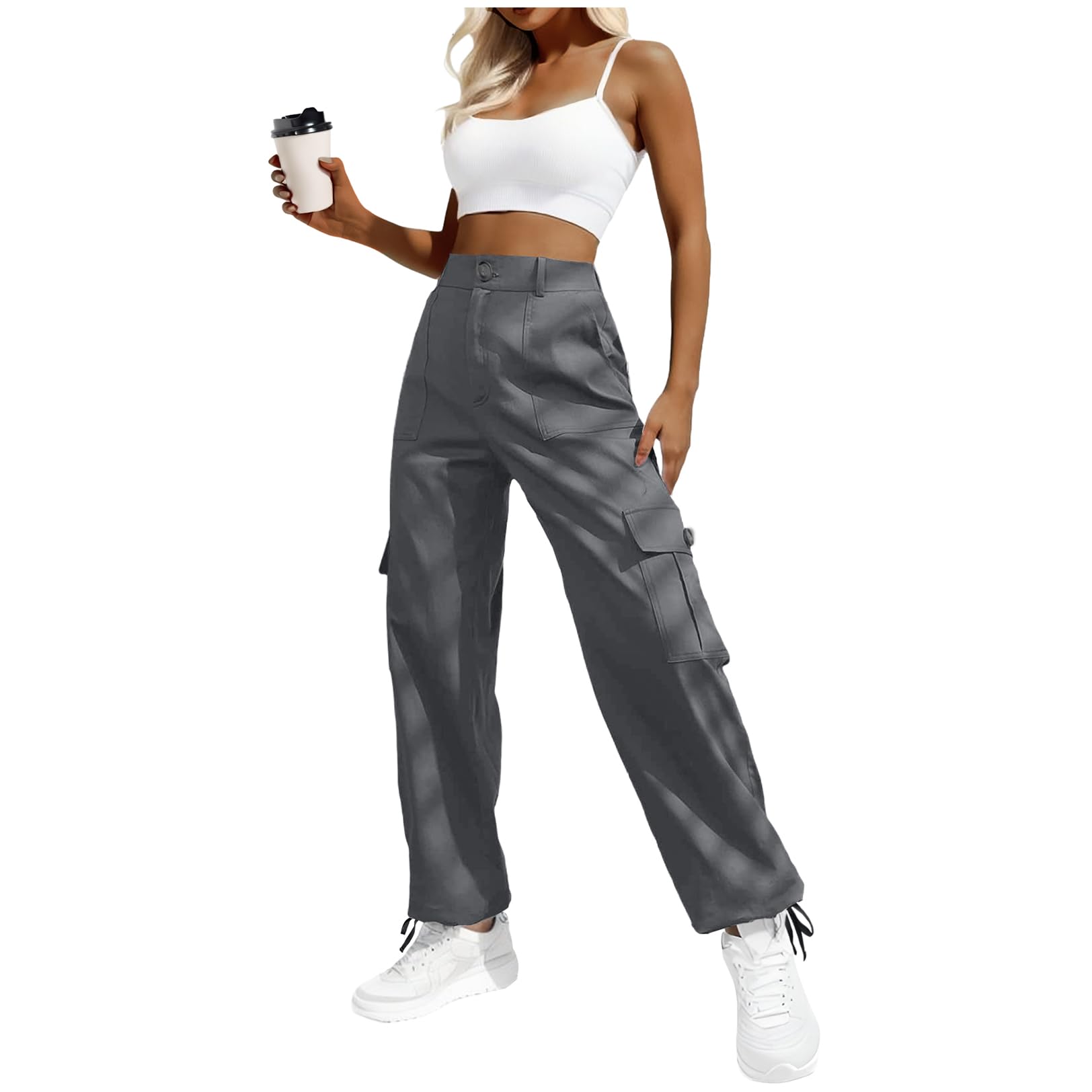 Women's High-Waisted Cargo Pants â€?Y2K Streetwear Baggy with 6 Pockets & Drawstring Cuffs