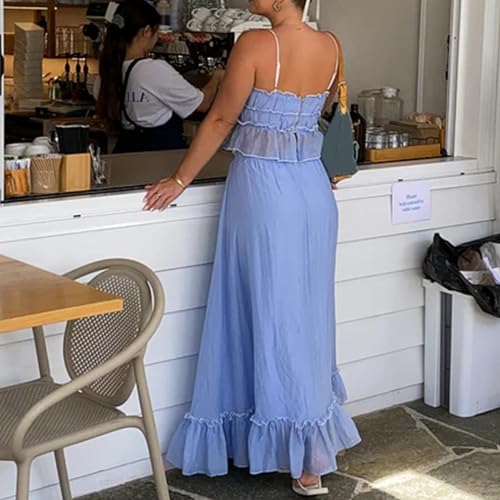 Women 2 Piece Outfits Y2k Sleeveless Lace Trim Cami Tops and Ruffle Ruched Maxi Skirt Matching Set