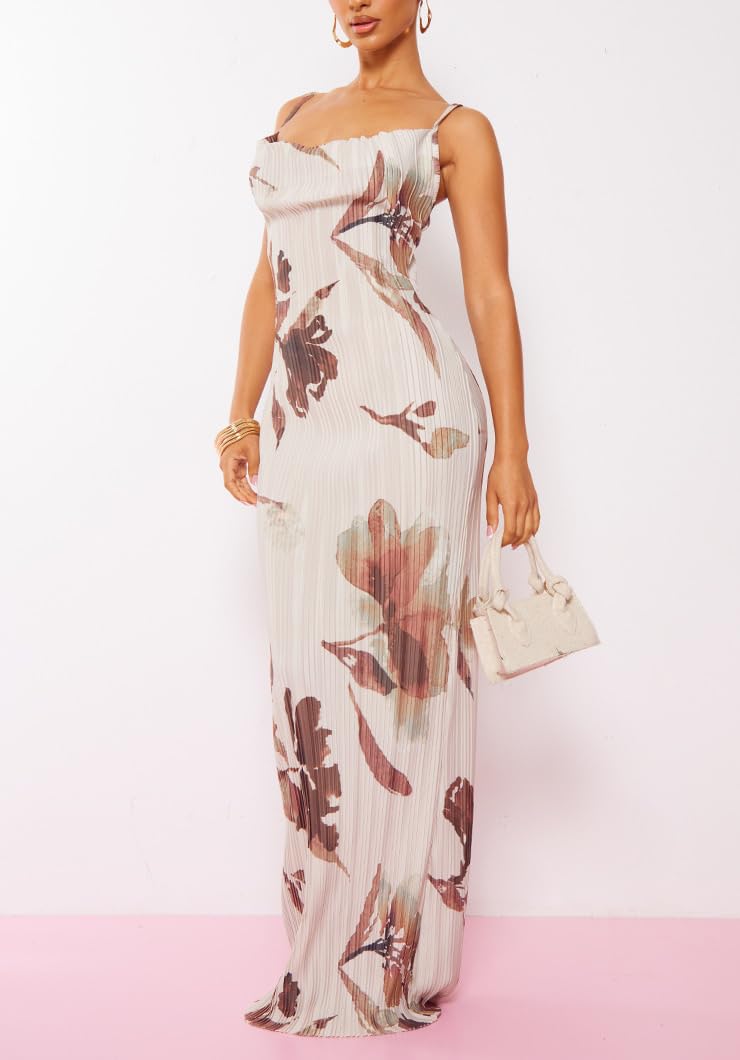 Women's Cowl Neck Dress Sexy Strap Shoulder Pleated Maxi Dress