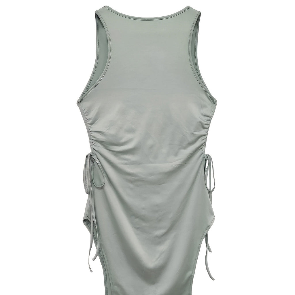 Women's Solid Color Round Neck Drawstring Slit Fashionable Sexy Dress With Hip Wrap