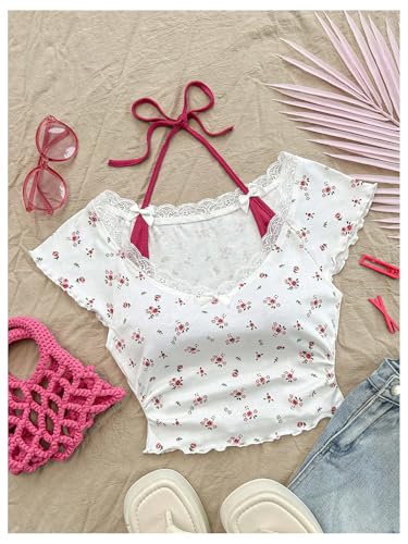 Women's Contrast Lace Halter Neck Lettuce Trim Casual Crop Tee Tops